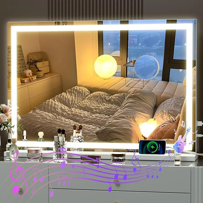 Durable Hasipu Vanity Mirror with Lights and Bluetooth Speaker 37 x 25.6 LED Makeup Mirror Lighted Makeup Mirror with Dimmable 3 Modes Touch Screen Control Vanity Mirror Square WhiteAbout ThisOverview Specialty