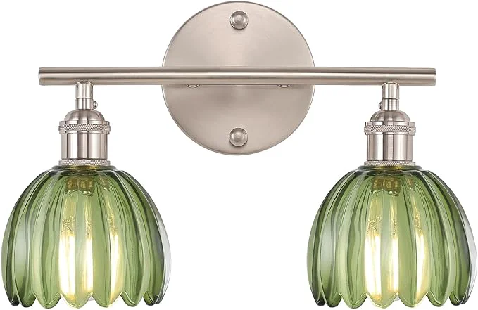 Convenient Bathroom Light Fixtures 2-Light Vanity Wall Light Over Mirror with Green Tulip Glass Shade for Bedroom Living Room Bulb Not Included Satin NickelAbout ThisOverview High-Grade