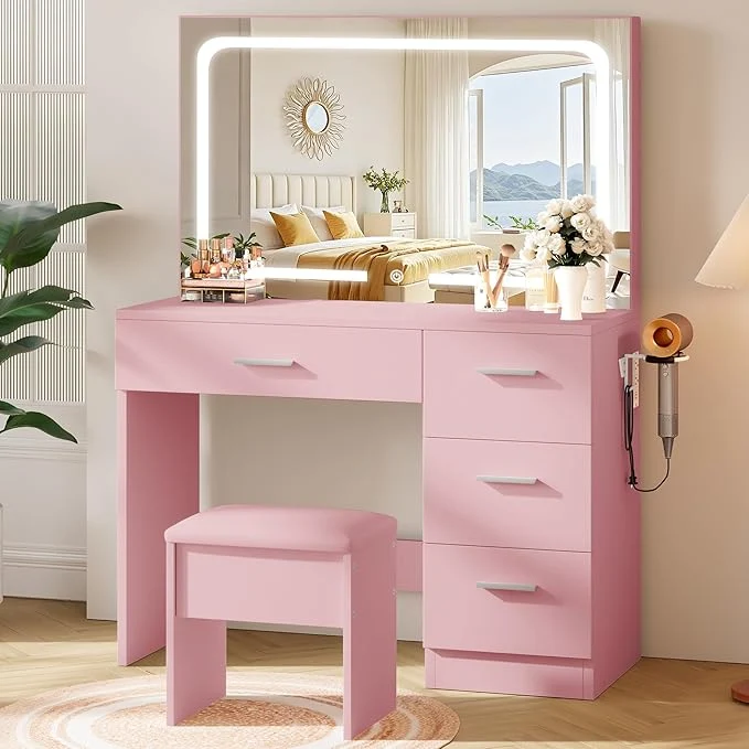 Secure Makeup Vanity Desk Set Pink 35.4 W x 15.7 D x 53.9 H Large Smart LED Mirror with Cushion Stool Hairdryer Rack Power-Outlet 4 Drawers About ThisOverview Stylish