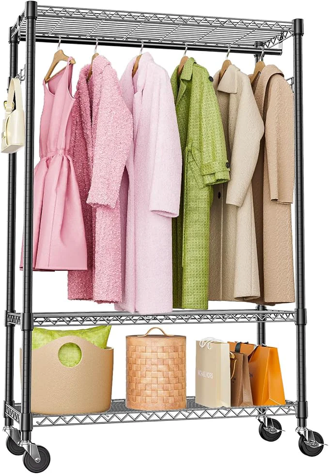 Unique Heavy Duty Rolling Garment Rack 3 Tiers Adjustable Wire Shelving Clothes Rack with 1 Rods and Side Hooks Storage Closet Clothing Rack with Wheels Black 15.7 D x 45.3 W x 75.6 HAbout ThisOverview Reusable