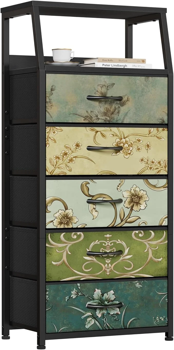 Refined Furnulem Retro 5 Drawers Dresser Tall Dressers for Bedroom Closet Hallway Nursery Fabric Storage Tower Organizer Vertical Nightstand Side Table Furniture Steel Frame Wood TopAbout ThisOverview Dependable