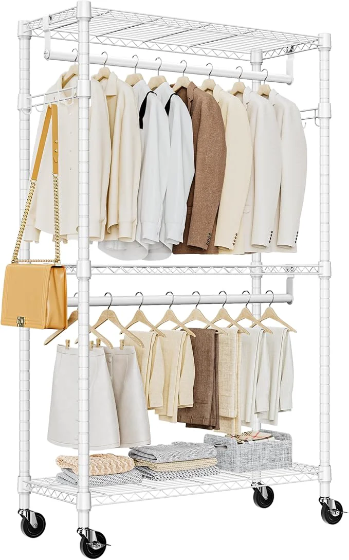 Trendy Heavy Duty Rolling Garment Rack 3 Tiers Adjustable Wire Shelving Clothes Rack with 2 Rods and Side Hooks Storage Closet Clothing Rack with Wheels White 15.7 D x 29.5 W x 74.5 HAbout ThisOverview Contemporary
