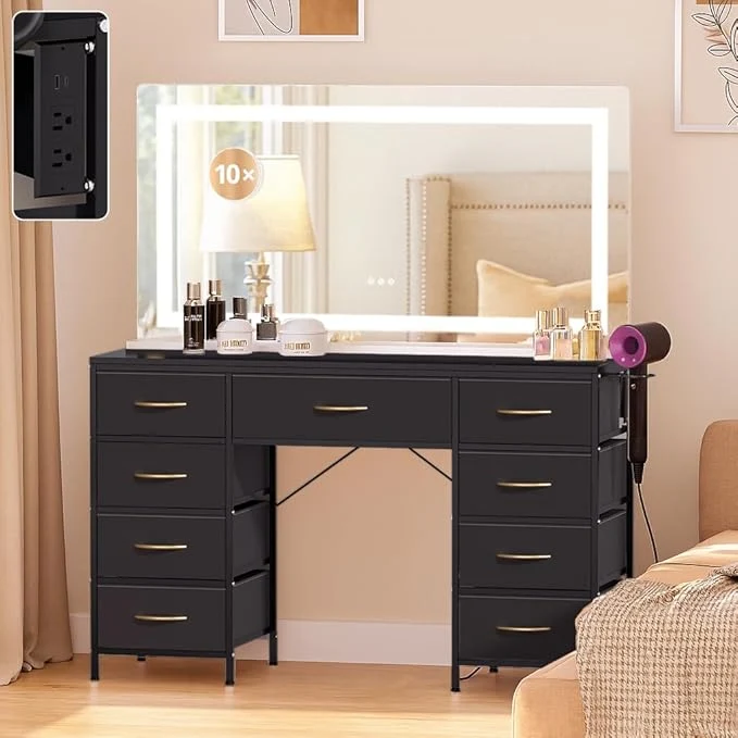 Responsible COMHOMA Vanity Desk with Large Mirror LED and Power Outlet Makeup Table with 9 Storage Drawersand HD Mirrors 3 Color Modes Adjustable Lighting for Bedroom Dressing Room Black 47inch About ThisOverview Enhanced
