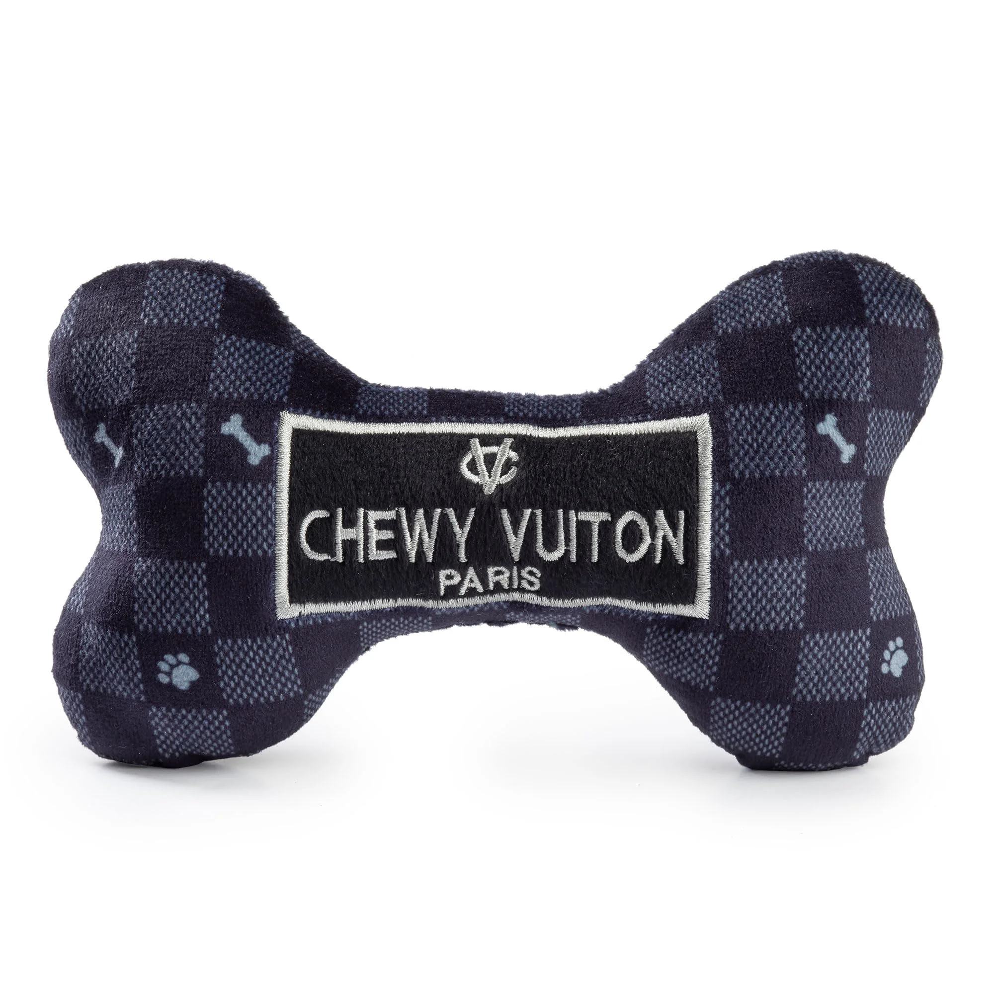 Functional Haute Diggity Dog Black Checker Chewy Vuiton Bone – Large Plush Designer Toy with Squeaker Solid