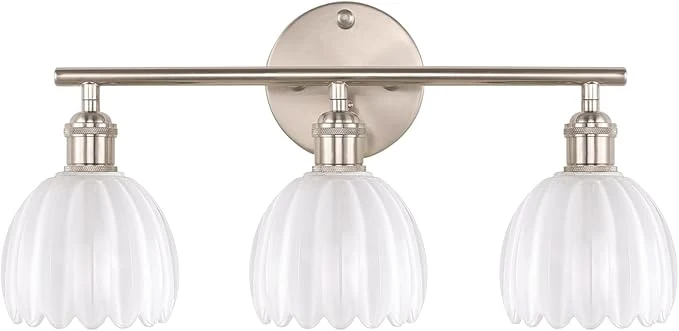 Comfortable Bathroom Light Fixtures 3-Light Vanity Wall Light Over Mirror with White Tulip Glass Shade for Bedroom Living Room Bulb Not Included Satin NickelAbout ThisOverview Organic