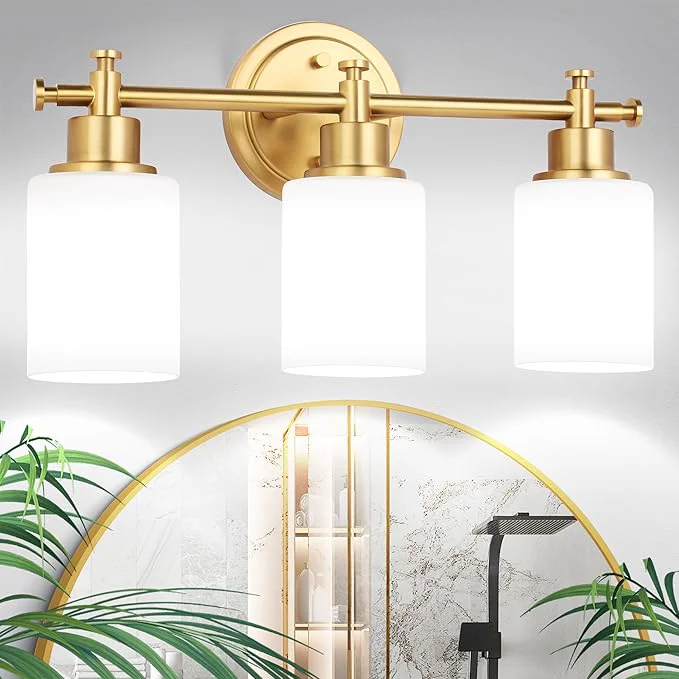 Flexible 3-Light Gold Bathroom Vanity Light Fixtures Brushed Gold Wall Sconce Champagne Gold Vanity Light with Milky White Glass Shade Over Mirror Bathroom Bedroom Modern Style E26 BaseAbout ThisOverview Effective