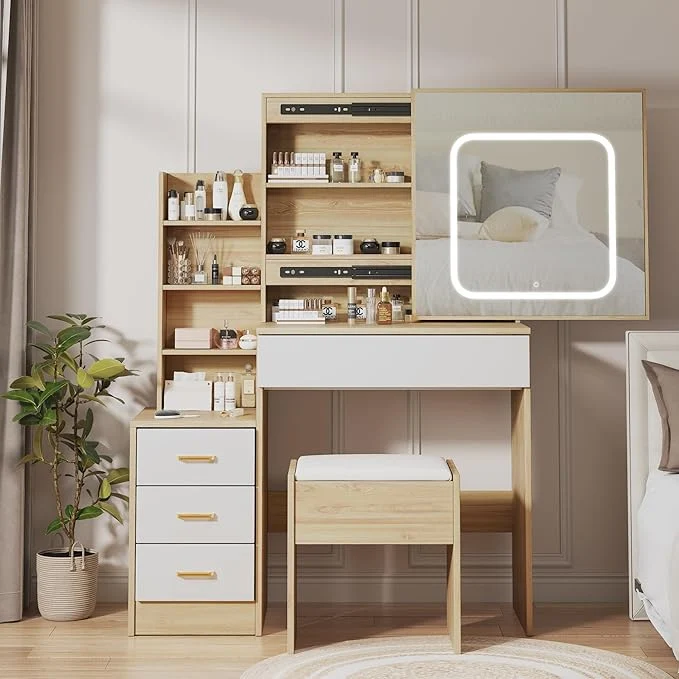 Clean Vanity Desk with Sliding LED Mirror Makeup Dressing Table with 4 Drawers Storage Shelves Power Outlet Cushioned Stool Adjustable 3 Lighting Modes Modern Makeup Vanity Set for Bedroom NaturalAbout ThisOverview Soft