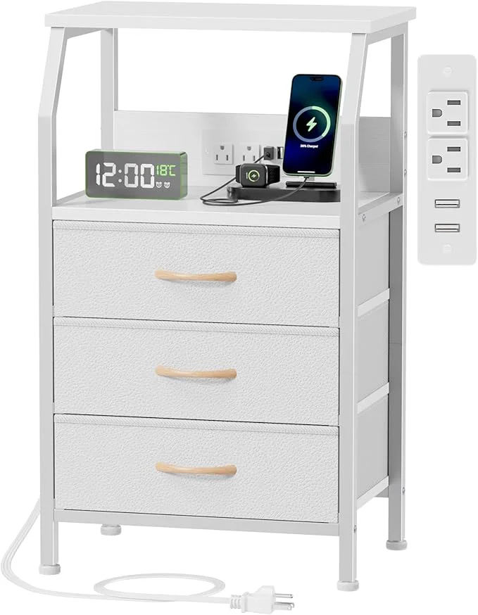 Contemporary Furnulem Night Stand with Charging Station 28.3 Inch Tall Bedside Table with PVC Drawers End Table with USB Ports and Outlets 3 Fabric Drawer Storage Nightstand for Bedroom 3 Ways to Use WhiteAbout ThisOverview World-Class