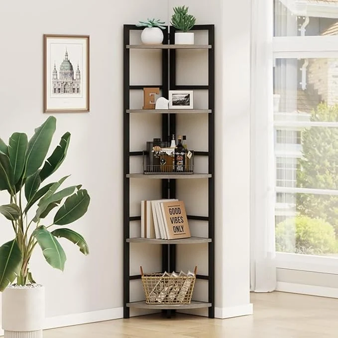 Specialty BON AUGURE Rustic Corner Shelf Stand Tall Industrial Corner Bookshelf Wood Metal 5 Tier Bookcase Shelves Display Shelving Unit for Kitchen Living Room Dark Grey Oak About ThisOverview Stylish