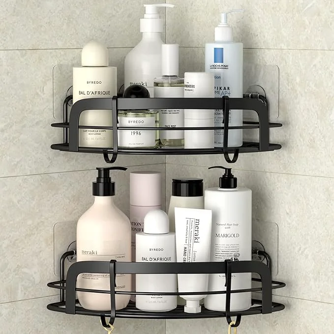 Outstanding STEUGO Black Bathroom Corner Shower Shelfs Adhesive Wall Mounted Shower Caddy with 4 Movable Hooks Rustproof Stainless Steel Bathroom Shower Organizer No Drilling Wall Mount 2-PackAbout ThisOverview Contemporary