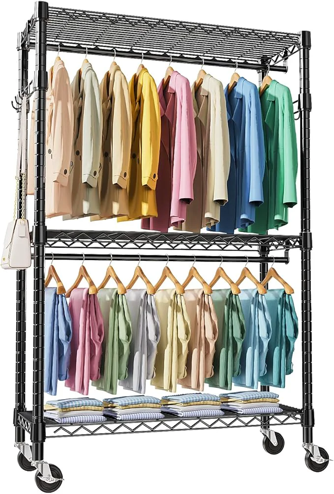 Stylish Heavy Duty Rolling Garment Rack 3 Tiers Adjustable Wire Shelving Clothes Rack with 2 Rods and Side Hooks Storage Closet Clothing Rack with Wheels Black 17.7 D x 47.2 W x 83.6 HAbout ThisOverview Quality