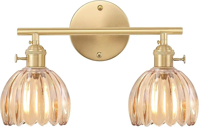 Natural Bathroom Light Fixtures 2-Light Brass Vanity Wall Light Over Mirror with Amber Tulip Glass Shade for Bedroom Living Room Bulb Not Included About ThisOverview Traditional