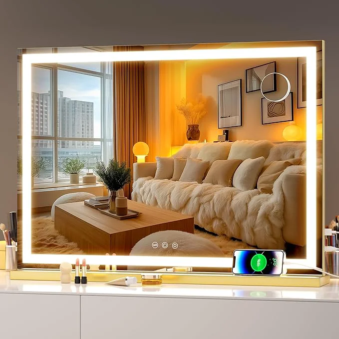 Luxury Hasipu Vanity Mirror with Lights 28 x 20 LED Makeup Mirror Lighted Makeup Mirror with Dimmable 3 Modes Touch Screen Control Vanity Mirror Square GoldAbout ThisOverview Green