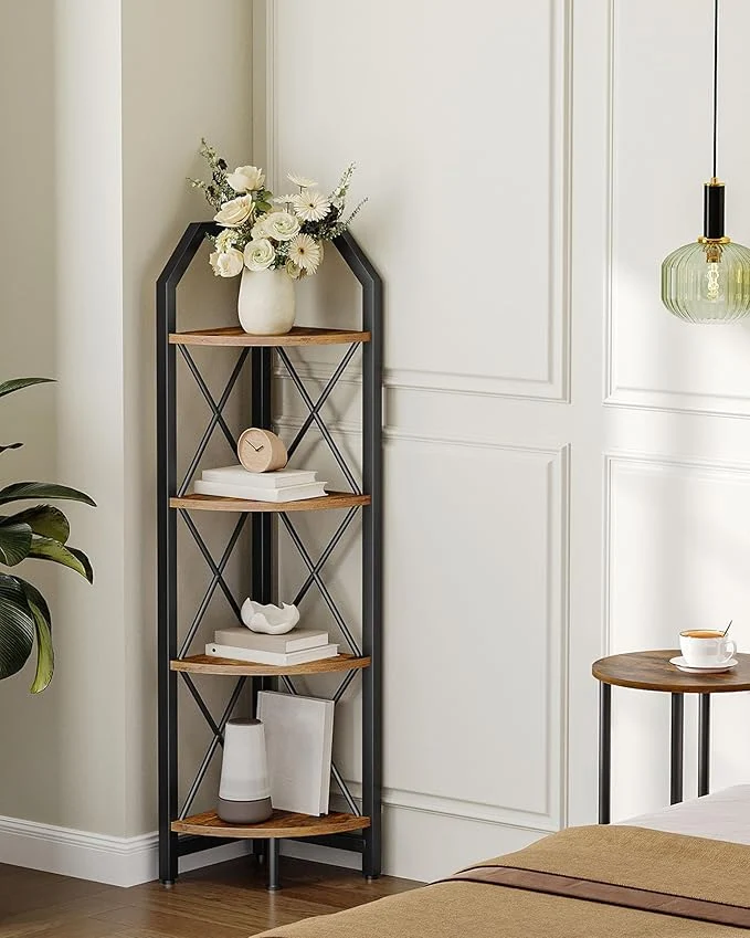 Exceptional 4-Tier Rustic Brown and Black Corner Shelf 4-Shelf Industrial Corner Bookshelf Space-Saving Corner Storage Stand Plant Stand Display Shelf Bedroom Living Room Home OfficeAbout ThisOverview Prestigious