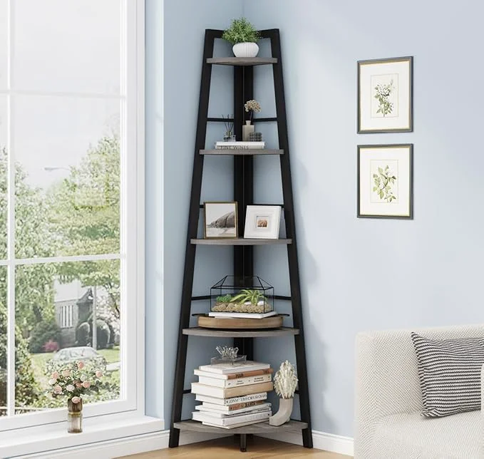 User-Friendly BON AUGURE Rustic Tall Corner Bookshelf 5 Tier Wood and Black Metal Corner Ladder Shelf Industrial Corner Bookcase and Gray Corner Shelf for Living Room Bathroom Kitchen Dark Gray Oak About ThisOverview Elite