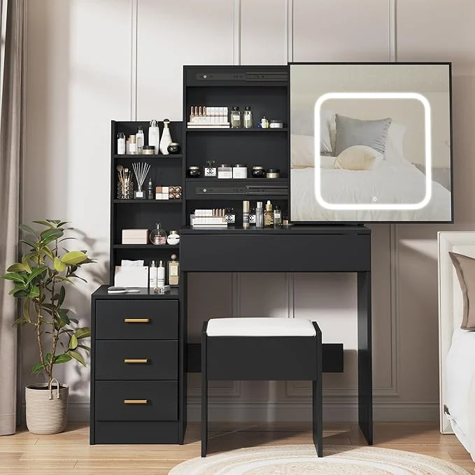 Classic Vanity Desk with Sliding LED Mirror Makeup Dressing Table with 4 Drawers Storage Shelves Power Outlet Cushioned Stool Adjustable 3 Lighting Modes Modern Vanity Set for Bedroom BlackAbout ThisOverview Elegant