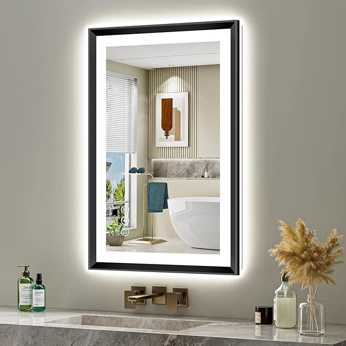 Trendy 24x36 Black Framed LED Bathroom Mirror with Lights Backlit and Front Light Lighted Bathroom Vanity Mirror for Wall Dimmable Anti-Fog Memory Tempered Glass Horizontal VerticalAbout ThisOverview Dependable