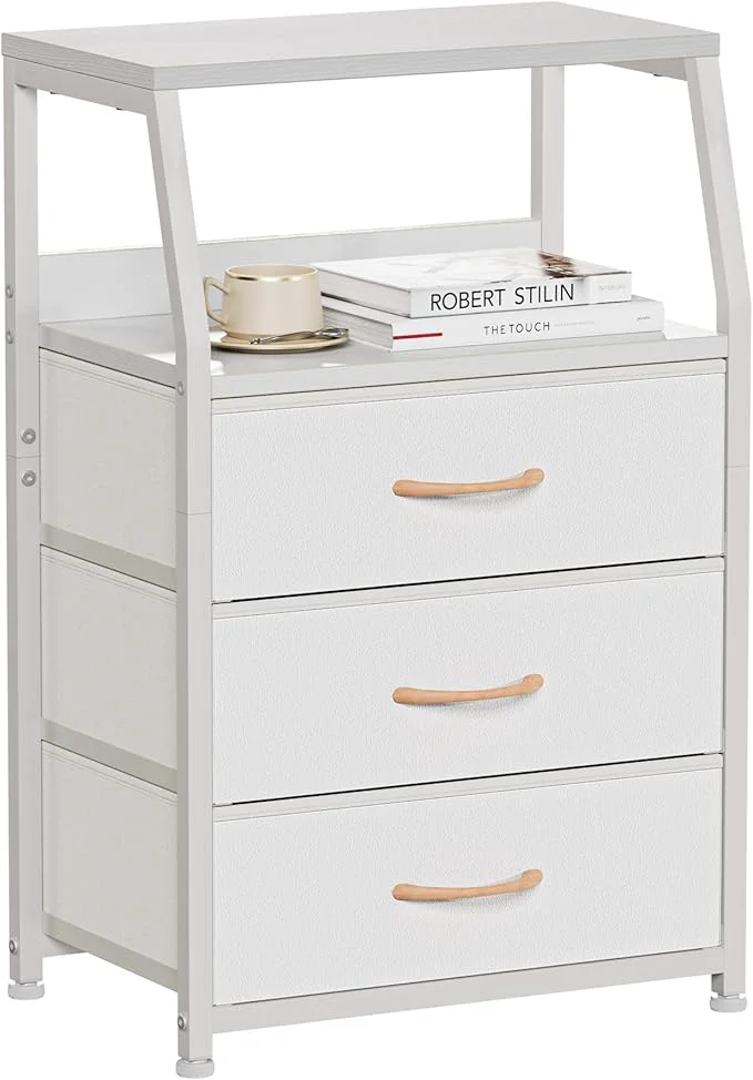 Convenient Furnulem White Nightstand with 3 Drawers and 2-Tier Shelf Small Night Stand End Table Side Furniture Fabric Storage Organizer for Bedroom Closet Hallway Nursery Sturdy Steel Frame Wood TopAbout ThisOverview Pure