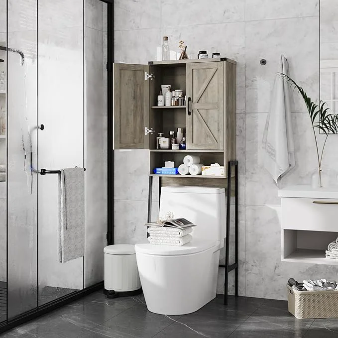 Dependable Vabches Over The Toilet Storage Cabinet with 2-Door Design Bathroom Organizers and Storage with Anti-Tip Device Over Toilet Organizer with Shelves for Bathroom Restroom Laundry GreyAbout ThisOverview Traditional
