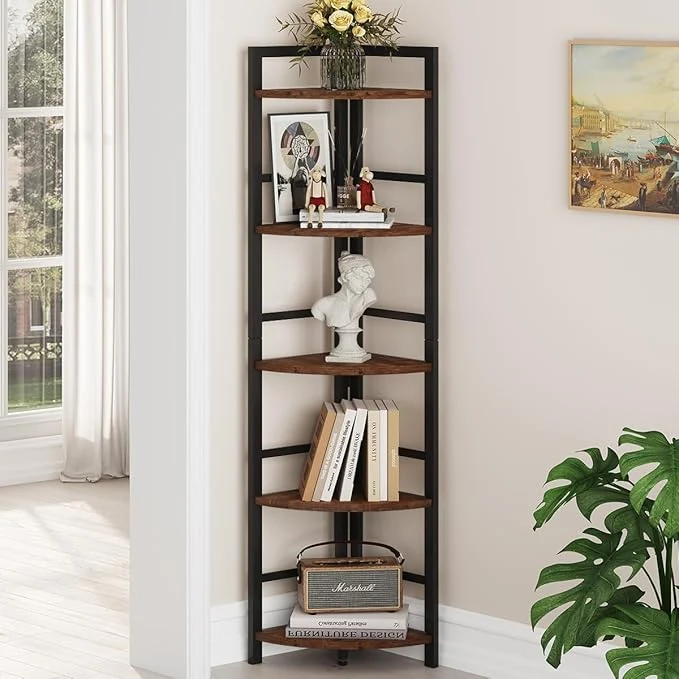 Artisan BON AUGURE 5 Tier Corner Bookshelf Industrial Corner Shelf Stand Narrow Tall Wood Bookcase Display Wooden Shelving Unit Shelf for Living Room Kitchen Home Office Rustic Oak About ThisOverview Next-Generation