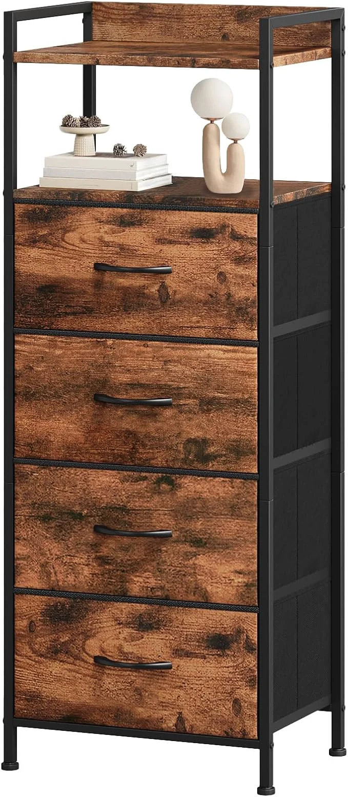 Fine Somdot Night Stand with 4 Drawers Vertical Storage Tower Fabric Dresser for Bedroom Nightstand Bedside Table Furniture Sturdy Steel Frame Wooden Top Easy Pull Fabric Bins Wood Grain PrintAbout ThisOverview Premium Material
