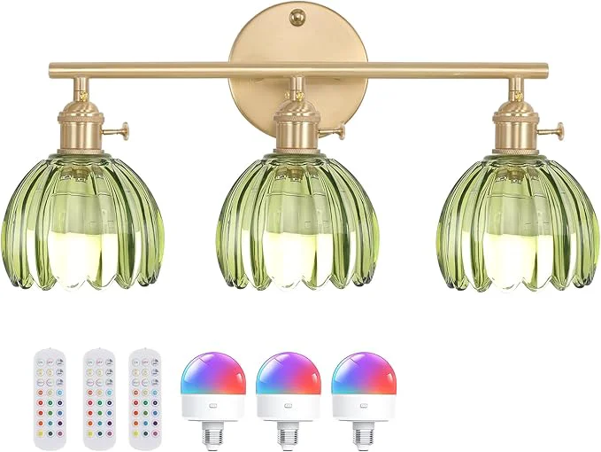 Consistent Battery Operated Bathroom Light Fixtures 3-Light Brass Vanity Wall Light with 5000mAh Rechargeable Bulb Over Mirror with Green Tulip Glass Shade for Bedroom Living RoomAbout ThisOverview Convenient