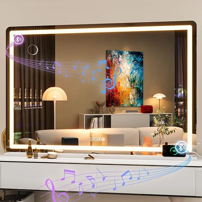 Next-Generation Hasipu Vanity Mirror with Lights and Bluetooth Speaker 50.2 x 33.9 LED Makeup Mirror Lighted Makeup Mirror with Dimmable 3 Modes Touch Screen Control Vanity Mirror Round WhiteAbout ThisOverview Authentic