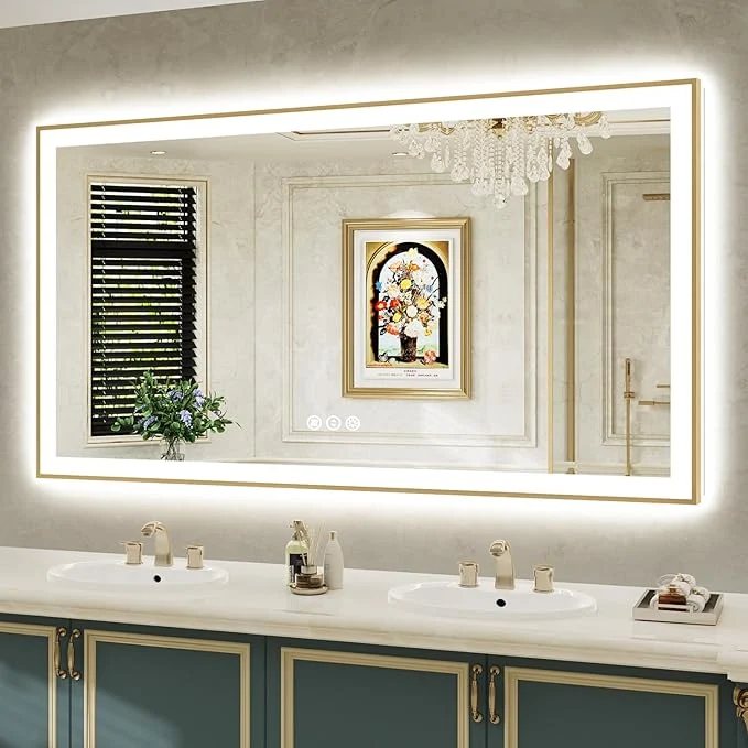 Expertly Made 66x36 Inch LED Bathroom Mirror with Lights Front Lit and Backlit Gold Framed Lighted Vanity Mirror for Bathroom Wall Dimmable Anti-Fog Memory Tempered Glass Horizontal VerticalAbout ThisOverview Clean