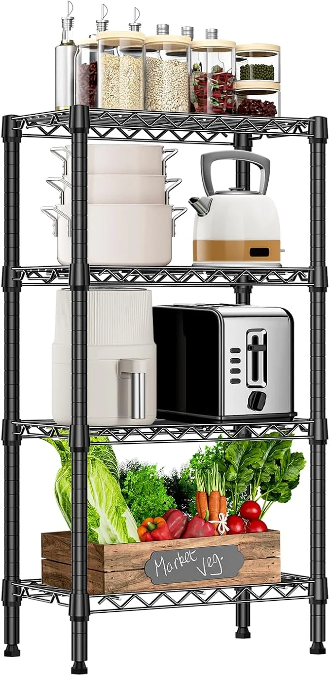 Unique 1000 lbs 4 Tier Shelf Metal Storage Shelves Wire Rack Closet Organizers with PP Board for Garage Kitchen Bathroom Laundry Black 11.8 D x 21.7 W x 39.5 HAbout ThisOverview Elegant