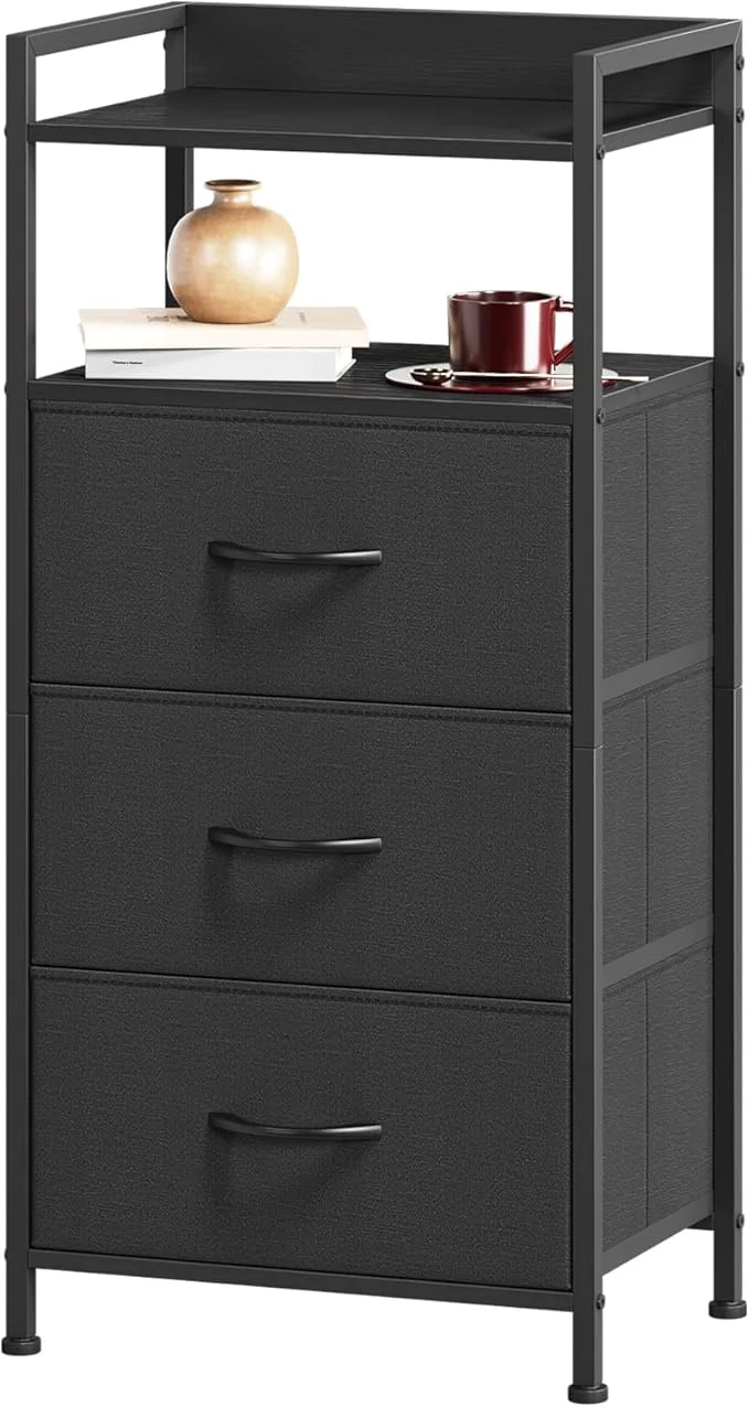 Fine Crafted Somdot Nightstand with 3 Drawers Dresser with Fabric Bins for Bedroom Hallway Entryway Nightstand Bedside Table Furniture Sturdy Steel Frame Wooden Top Easy Pull Fabric Bins BlackAbout ThisOverview Powerful