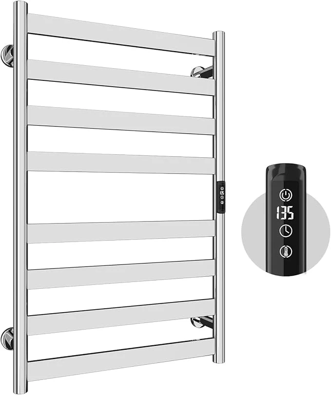 Organic Towel Warmer 304 Stainless Steel Towel Warmer Rack for Bathroom -8 Bars Wall Mounted Towel Heater with Intelligent Touch Screen Timer Hard Wired Plug-in Mirror PolishedAbout ThisOverview Quality