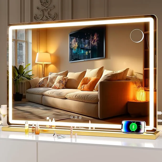 Elegant Hasipu Vanity Mirror with Lights 31.5 x 20 LED Makeup Mirror Lighted Makeup Mirror with Dimmable 3 Modes Touch Screen Control Vanity Mirror Round GoldAbout ThisOverview Innovative