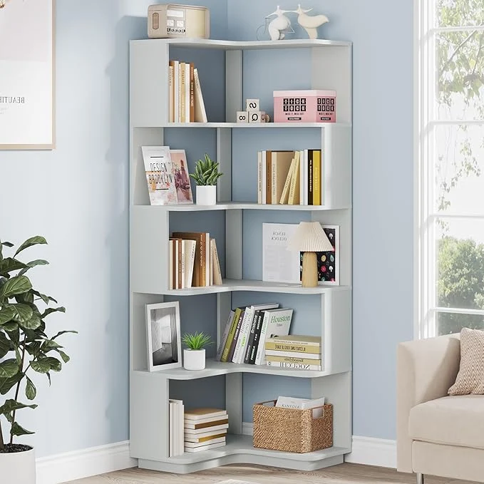 Smooth Tribesigns 6-Tier Corner Bookshelf 64.96 Inch Tall Bookcase with Anti-Drop Panel Modern standing Corner Shelf Display Rack Storage Organizer for Home Office Living Room Silver GrayAbout ThisOverview Healthy