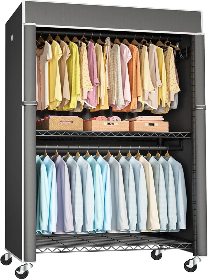 Smooth FUTASSI Black Clothing Rack with Dark Gray Cover P1C Plus Rolling Closet with Wheels Metal Garment Rack for Hanging Clothes Clothing Storage Wardrobe 46 W x 18.5 D x 80.7 H Load 524 PoundsAbout ThisOverview Enhanced