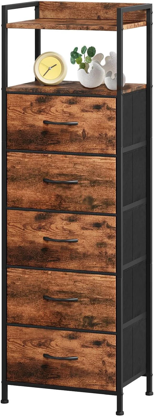 User-Friendly Somdot Tall Night Stand for Bedroom Tall 5 Drawers Dresser Vertical Storage Tower Unit Nightstand Furniture with Fabric Drawer Organizer in Bedside Kids Room Laundry Entryway Wood Grain PrintAbout ThisOverview Exclusive