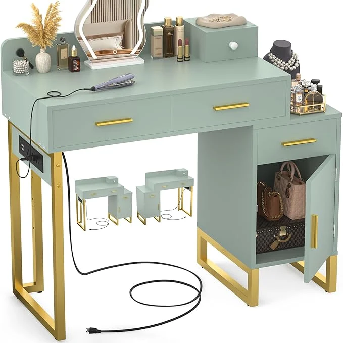 Functional Vanity Desk with 4 Storage Drawers - Modern Makeup Vanity Table with Charging Station Cyan Vanity Desk with Reversible Cabinet Dressing Table Set with Divided Organizers for Women Girls Cyan GoldAbout ThisOverview High-Grade
