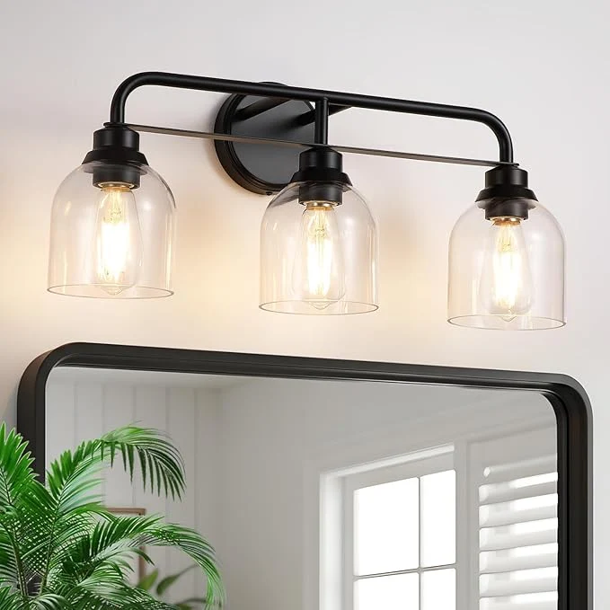 Original 3 Light Matte Black Vanity Lights for Bathroom Bathroom Light Fixtures Over Mirror with Clear Glass Shade Ceramic E26 Sockets Wall MountedAbout ThisOverview Sustainable