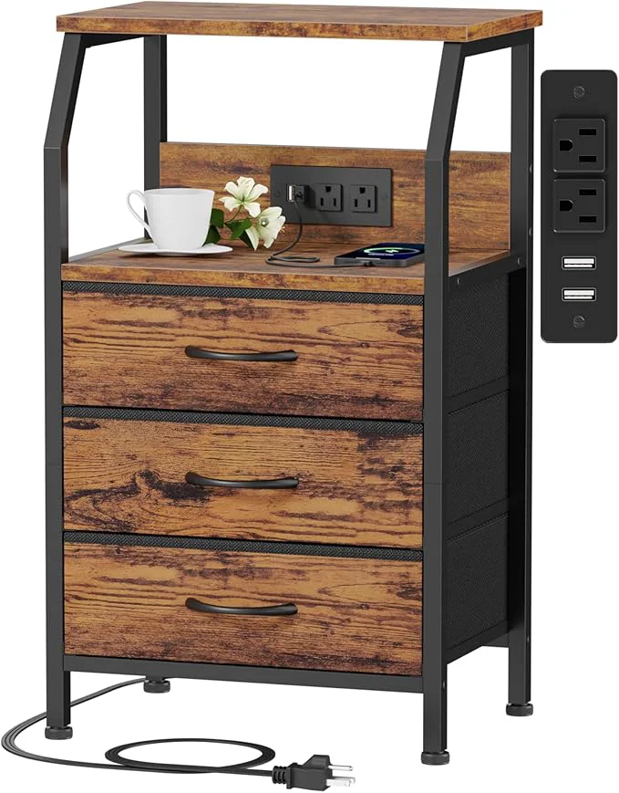 Unique Furnulem Night Stand with Charging Station USB Ports and Outlets 28.3 Inch Tall Bedside Table with Wood Shelf 3 Fabric Drawers Side Table for Bedroom 3 Ways to Use Rustic BrownAbout ThisOverview Powerful