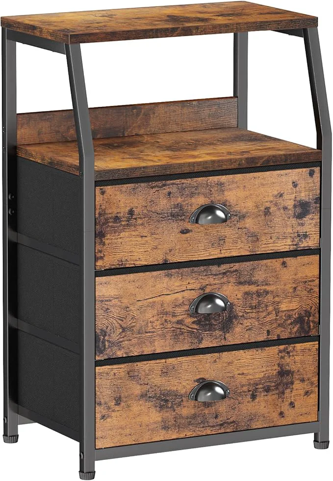 Authentic Furnulem Nightstand with 3 Drawers and 2-Tier Shelf Fabric Small Dresser Organizer Vertical Storage Tower for Bedroom Closet Hallway Nursery End Table Side Furniture Sturdy Steel Frame Wood TopAbout ThisOverview Safe