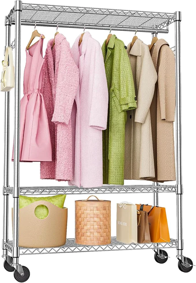 User-Friendly Heavy Duty Rolling Garment Rack 3 Tiers Adjustable Wire Shelving Clothes Rack with 1 Rods and Side Hooks Storage Closet Clothing Rack with Wheels Chrome 15.7 D x 45.3 W x 75.6 HAbout ThisOverview Exclusive