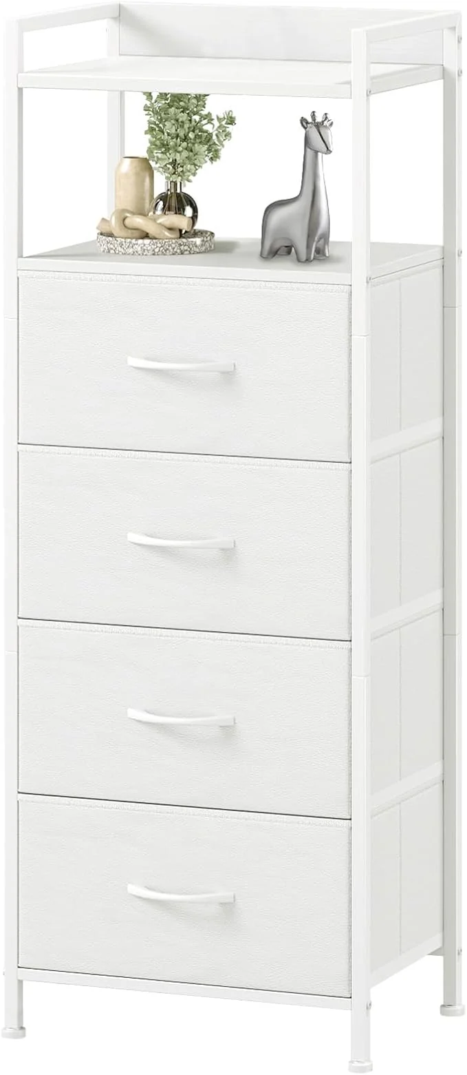 Durable Somdot White Nightstand with 4 Drawers Vertical Storage Tower Fabric Dresser for Bedroom Nightstand Bedside Table Furniture Sturdy Steel Frame Wooden Top Easy Pull Fabric BinsAbout ThisOverview Organic