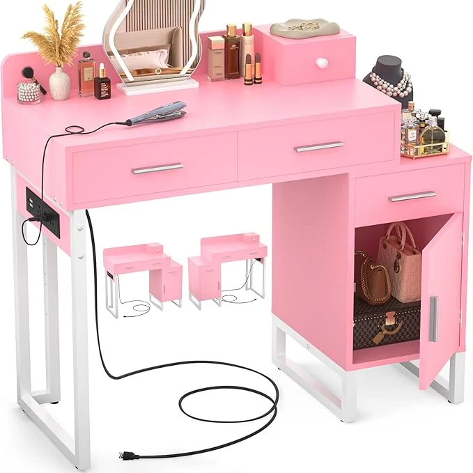 Certified Vanity Desk with 4 Storage Drawers - Modern Makeup Vanity Table with Charging Station Pink Vanity Desk with Reversible Cabinet Dressing Table Set with Divided Organizers for Women Girls Pink WhiteAbout ThisOverview Long-Lasting