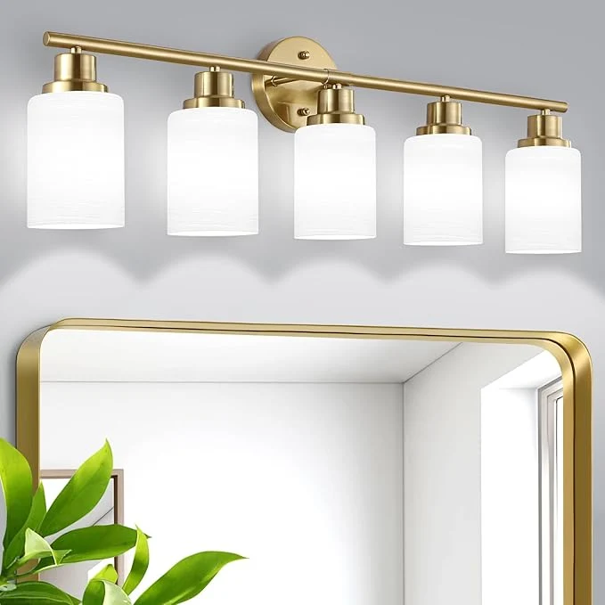 Reusable 5-Light Vanity Lights Brushed Gold Bathroom Light Fixture with Striped Textured Milky White Glass Shade E26 Modern Vanity Lighting Fixture for Bathroom Wall Sconce Light Over MirrorAbout ThisOverview Functional