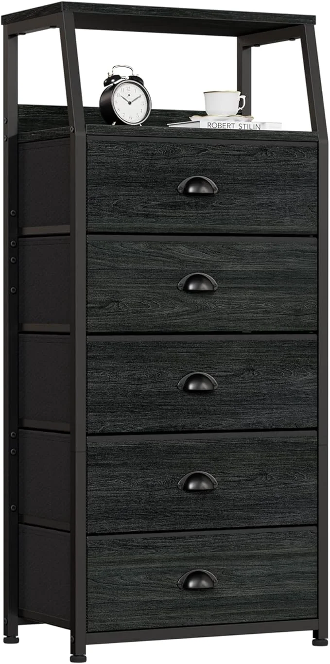 Quality Furnulem Black Dresser with 5 Drawers Vertical Storage Tower Fabric Dresser for Bedroom Hallway Entryway Nursery Closet Organizer Nightstand Bedside Table Furniture Sturdy Steel Frame Wood TopAbout ThisOverview Stylish