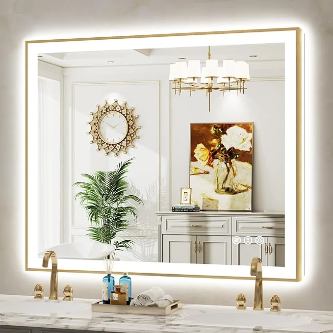 Official 48x40 Inch LED Bathroom Mirror with Lights Front Lit and Backlit Gold Framed Lighted Vanity Mirror for Bathroom Wall Dimmable Anti-Fog Memory Tempered Glass Horizontal VerticalAbout ThisOverview High-End