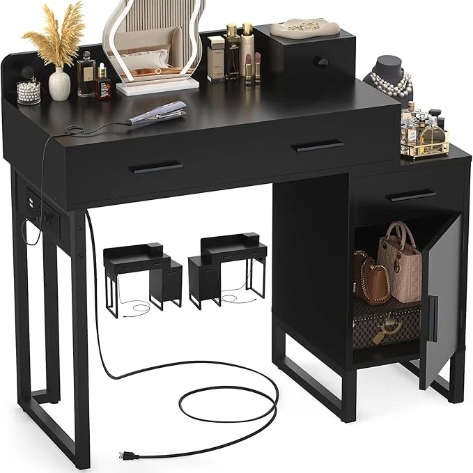 Detailed Vanity Desk with 4 Storage Drawers - Modern Makeup Vanity Table with Charging Station Black Vanity Desk with Reversible Cabinet Dressing Table Set with Divided Organizers for Women Girls BlackAbout ThisOverview Sustainable