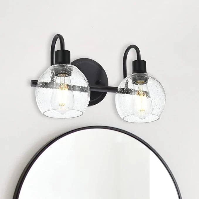 Relaxed Black 2-Lights Wall Sconce Lighting with Seeded Glass Lampshades Industrial Bathroom Vanity Light Fixtures for Hallway Kitchen BedroomAbout ThisOverview Modern