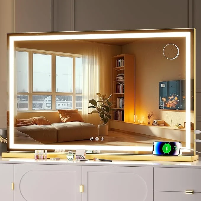 Genuine Hasipu Vanity Mirror with Lights 32 x 20 LED Makeup Mirror Lighted Makeup Mirror with Dimmable 3 Modes Touch Screen Control Vanity Mirror Square GoldAbout ThisOverview Outstanding