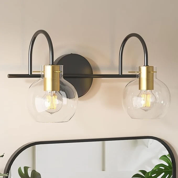 Unique Modern Bathroom Vanity Light 2-Light Wall Sconce Black Gold Finish with Clear Glass Shades Bathroom Light Fixtures Mirror Lighting for Kitchen Bedroom Hallway – Easy InstallationAbout ThisOverview Expertly Made