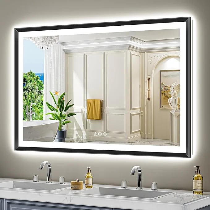 Relaxed 55x36 Black Framed LED Bathroom Mirror with Lights Backlit and Front Light Lighted Bathroom Vanity Mirror for Wall Dimmable Anti-Fog Memory Tempered Glass Horizontal VerticalAbout ThisOverview Responsible